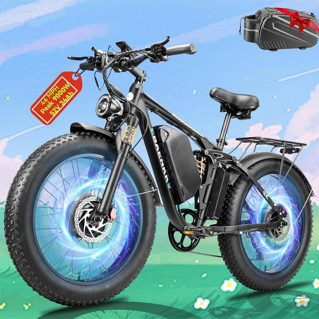 9000W Peak Dual Motor Electric Bike for Adults, 46MPH 100 Miles Long Range Ebike, 52V 34Ah Removable Battery, 7 Speed, Full Suspension 24' Fat Tire E-Bike for Mountain Off-Road Commuter Snow