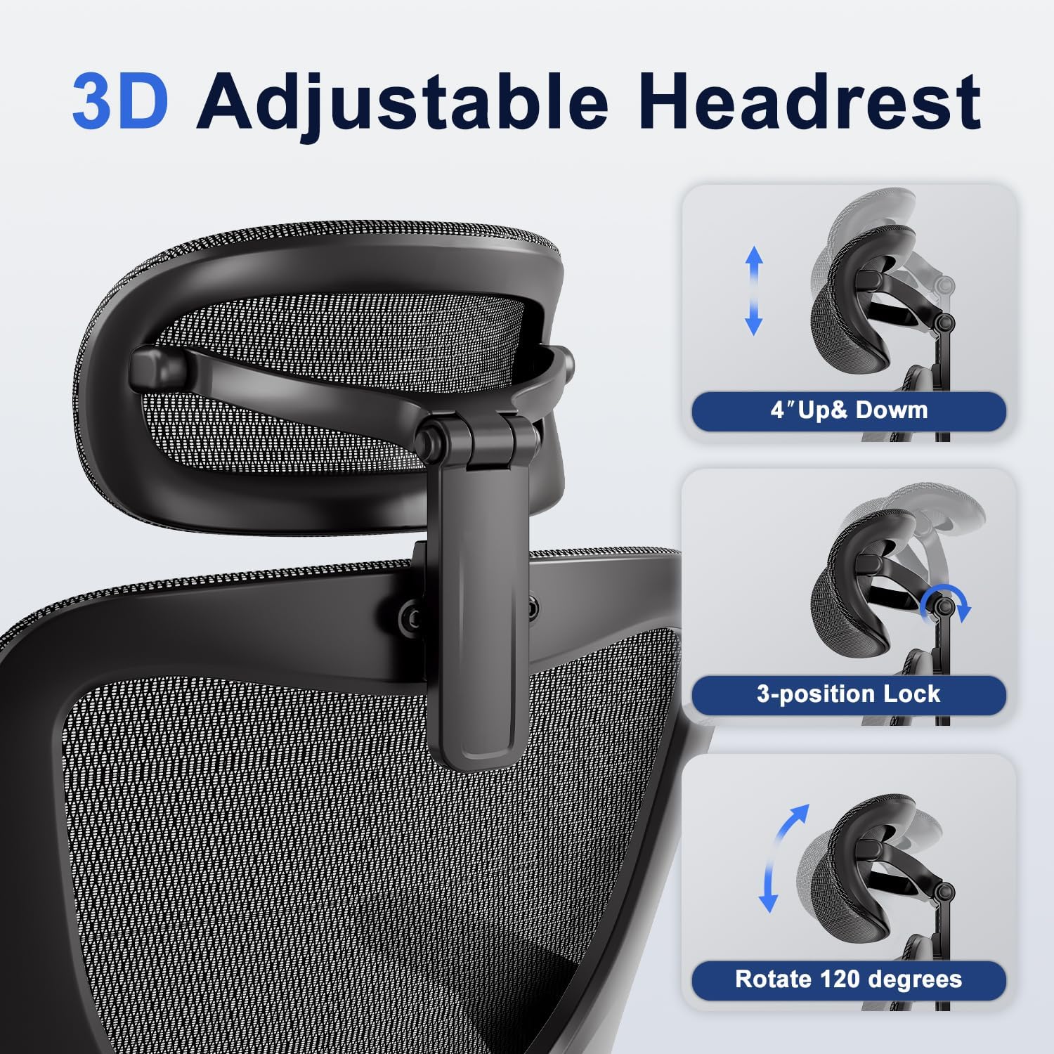 marrap Ergonomic Office Chair, Mesh Seat Cushion with 3D Armrests and 3D Headrest, Adjustable Lumbar Support with 90-120° Rocking Function for Home Office, Black