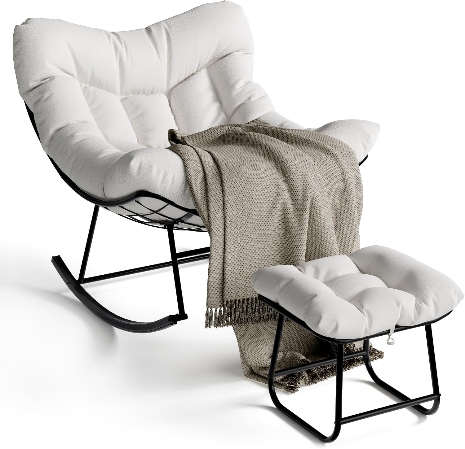 GarveeLife Outdoor Oversized Papasan Rocking Chair with Footrest, Patio Lounge Chair with Ottoman and Sturdy Metal Frame, Patio Rattan Egg Rocker for Balcony Backyard Porch Bedroom, White