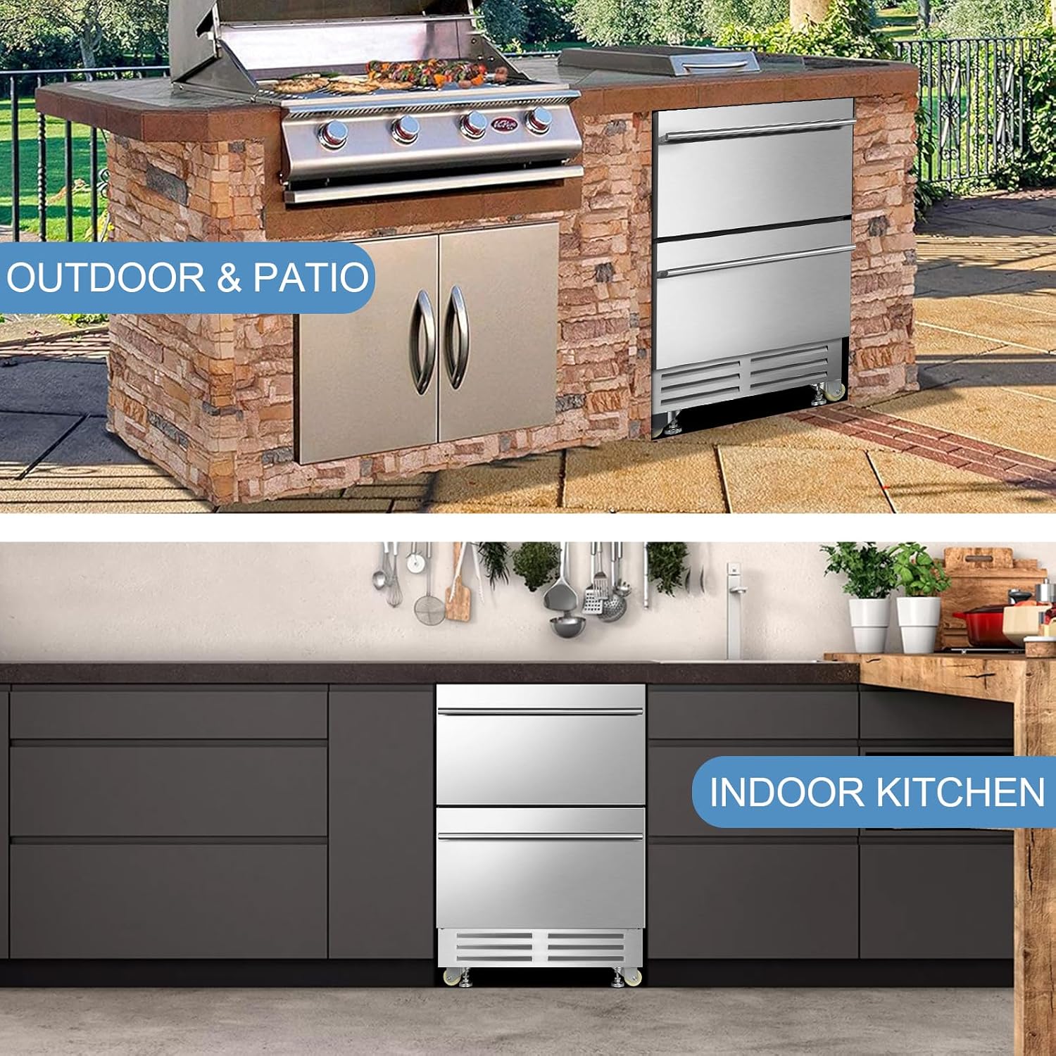 24 Inch Dual Drawer Fridge Under Counter with Wheels, Outdoor Beverage Refrigerator for Patio, Stainless Steel Weather-Proof, Freestanding or Built-In Installation, Ideal for Home and Commercial Use