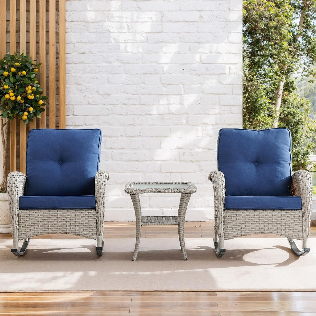 Patio Rocking Chair: Outdoor Wicker Rocker Porch Rocking Chair with Removable Cushion, 300 Lb Weight Capacity Rattan Rocking Seating for Balcony Garden Light Grey/Blue