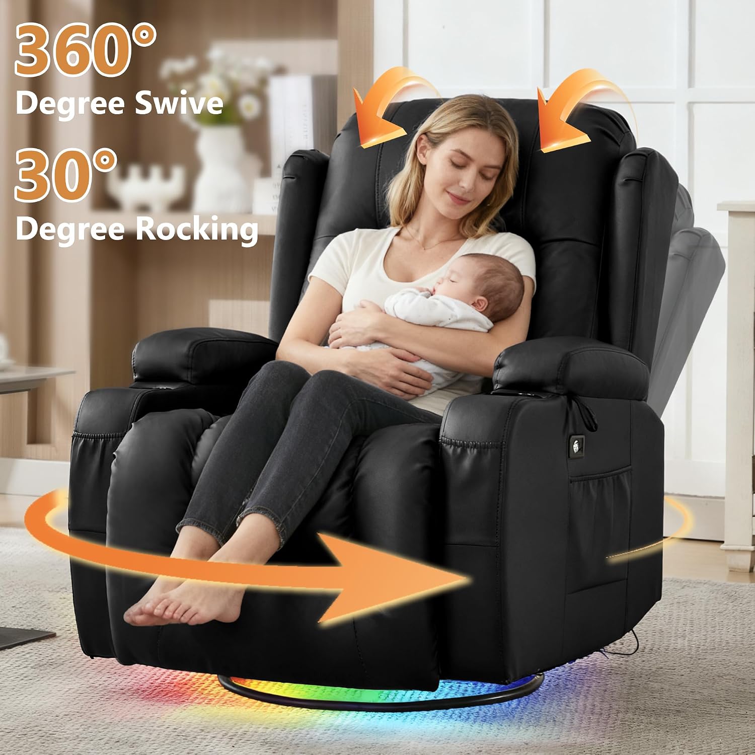 URRED Rocker Recliner Chair for Adults, 270° Swivel Glider Reclining Single Sofa with LED Ambient Light and Storage, Faux Leather Recliner for Living Room or Home Theater (Black, Set of 2)