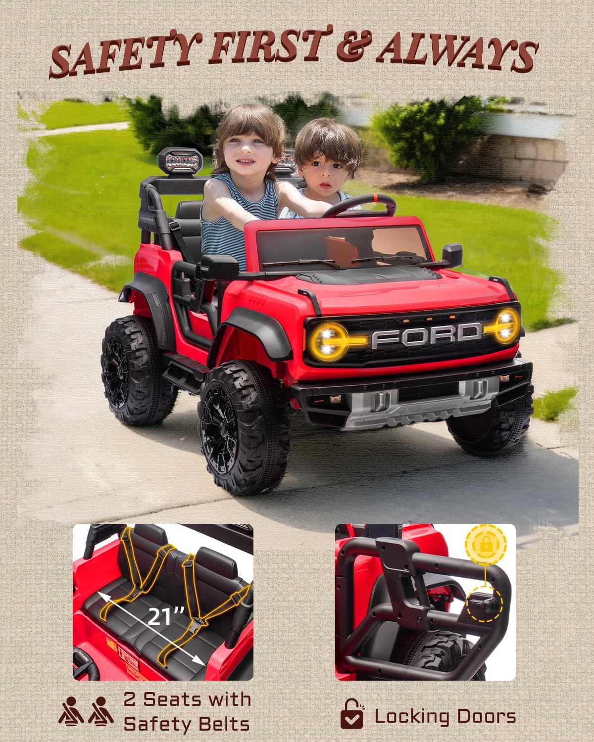 First Ride On Ford Bronco 24V Ride on Toys for Boys & Girls, 2 Seater Kids Electric Car with Remote Control, Kids Ride on Truck with Rear Wheels Suspension, Led Lights, Safety Belt (24V, Red)