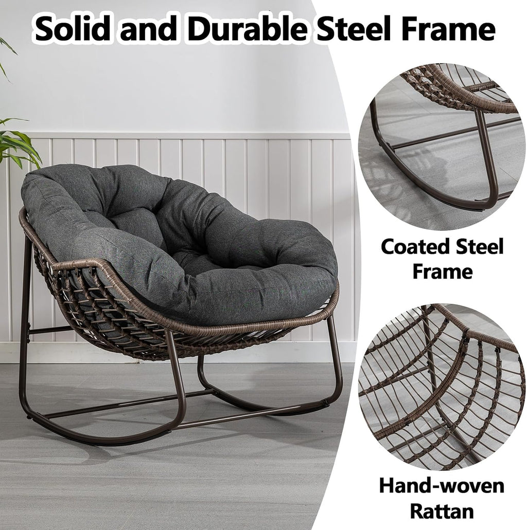 HRVEOCEI Papasan Rocking Chair with Cushion and Frame, Oversized Rocking Chair Indoor/Outdoor, Circle Chairs for Patio Garden Front Porch, Corduroy/Velvet (Grey)