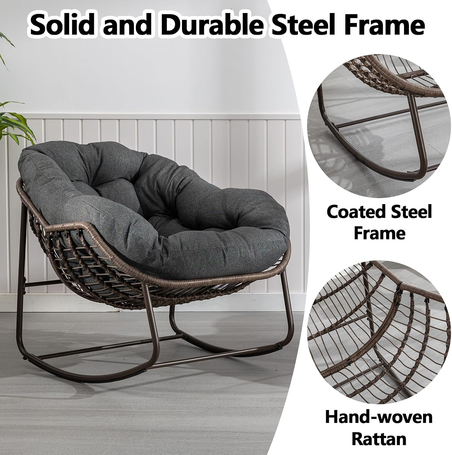 HRVEOCEI Papasan Rocking Chair with Cushion and Frame, Oversized Rocking Chair Indoor/Outdoor, Circle Chairs for Patio Garden Front Porch, Corduroy/Velvet (Grey)