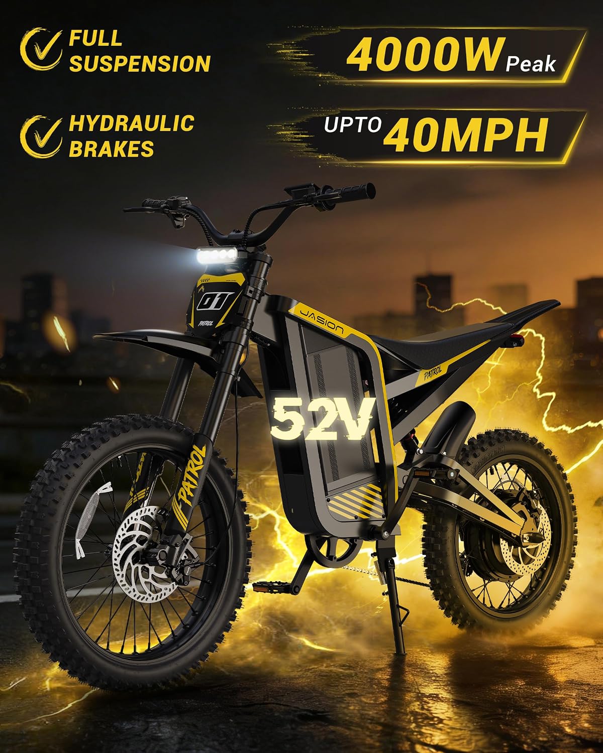 Jasion Patrol 52 Electric Dirt Bike for Adults&Teens,4000W Peak 40MPH Electric Bike with 52V 30AH 1560Wh Battery E Dirt Bike,50-Mile Range,19''/17''Off-Road Tires,Full Hydraulic Brakes&Dual Suspension