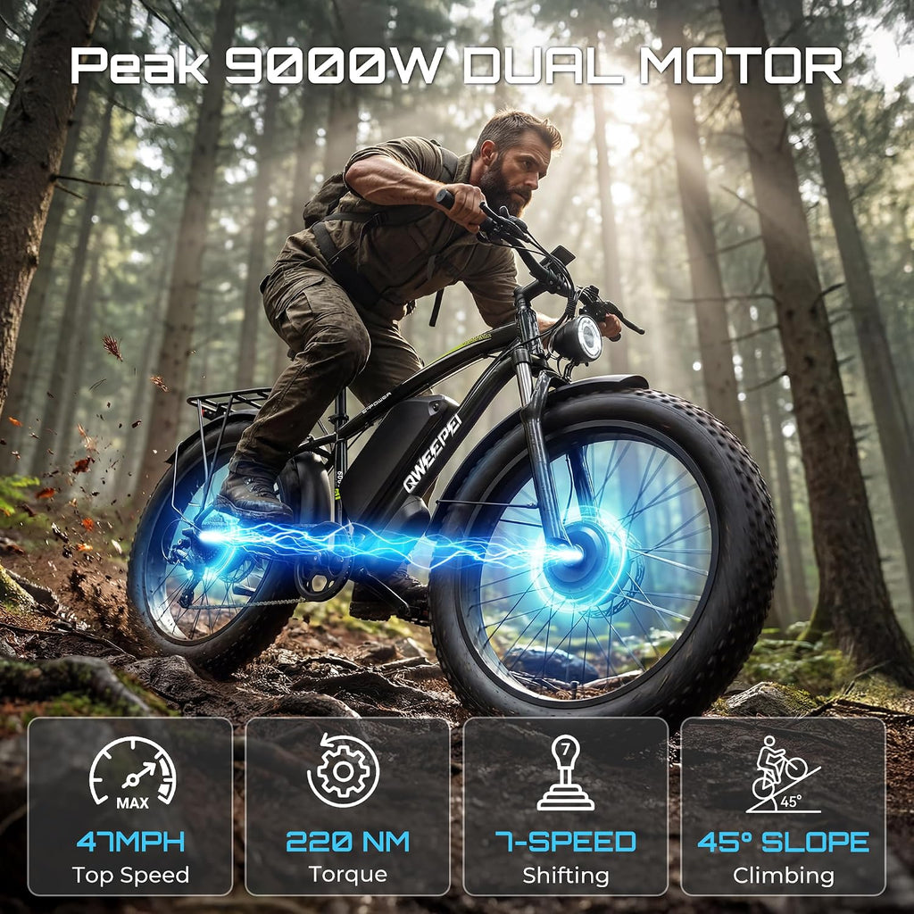 Peak 9000W Dual Motor Ebike Max 47MPH Electric Bike for Adults 52V 34AH Battery 105 Miles Range 24 Inch Fat Tire Fast Electric Bicycles for Snow Off-Road Commuter Mountain E Bike