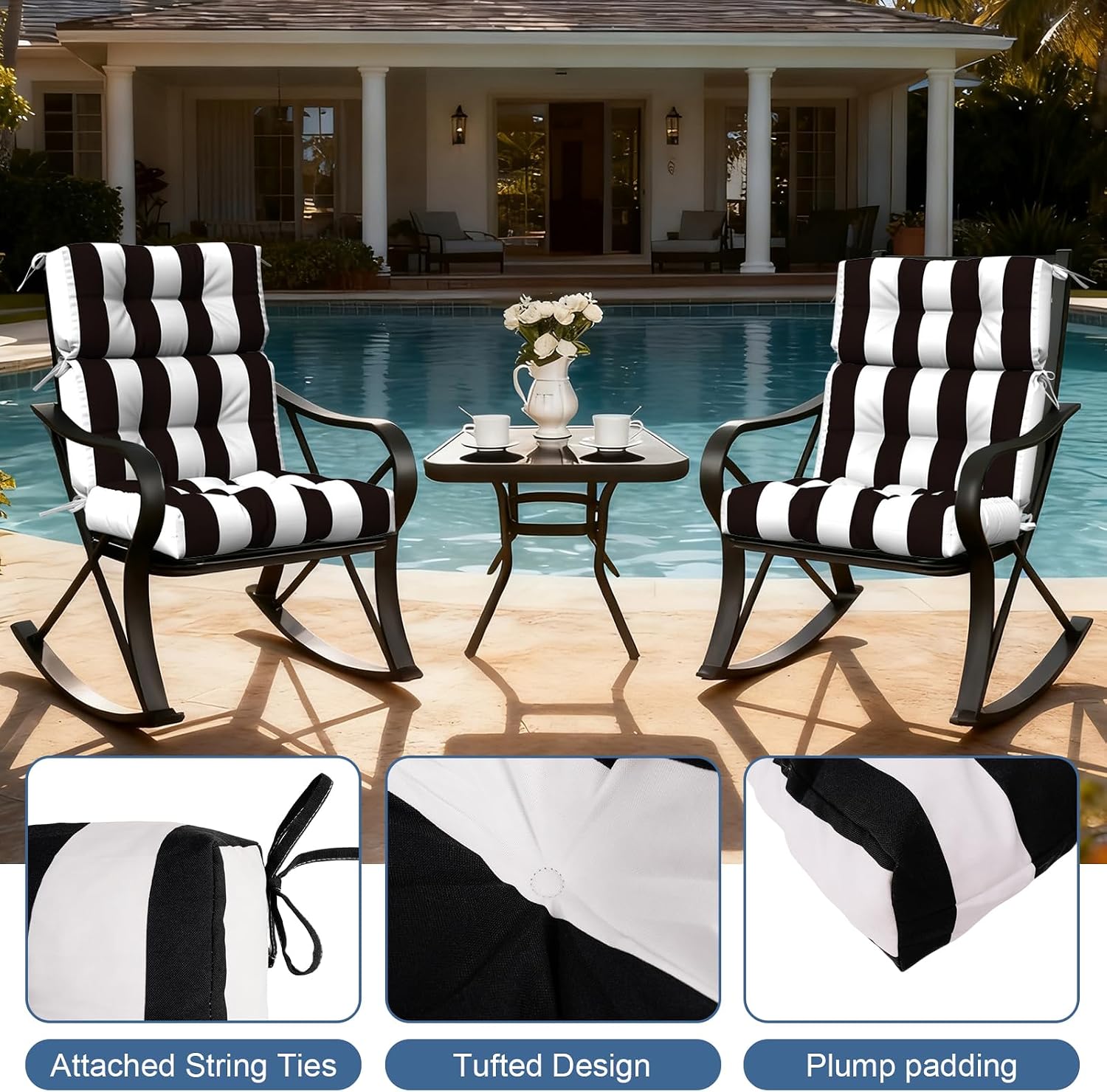 LVTXIII 2 Pack Outdoor High Back Cushions, 22' W x 20' D Tufted Seat and Back Chair Cushion with Ties, Fluffy Patio Replacement Rocking Chair Cushion for Outdoor Furniture Use, Cabana Black
