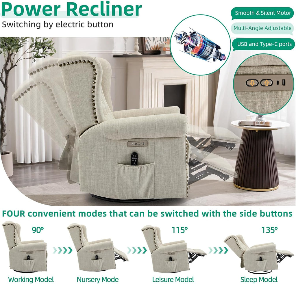 VIVIJASON Power Swivel Rocking Recliner Chair with Massage & Heat, Electric Rocker Nursery Glider Chair, Wingback Tufted Upholstered Recliner W/Type-C & USB Ports for Living Room, Bedroom, Beige
