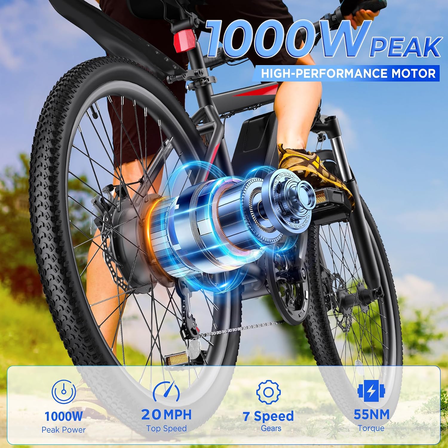 Electric Bike for Adults, 26' Ebike with 1000W Peak Motor, 20MPH 50Miles Electric Mountain Bike with 48V Removable Battery, 7-Speed, Front Suspension, LCD Display, UL 2849 Certified