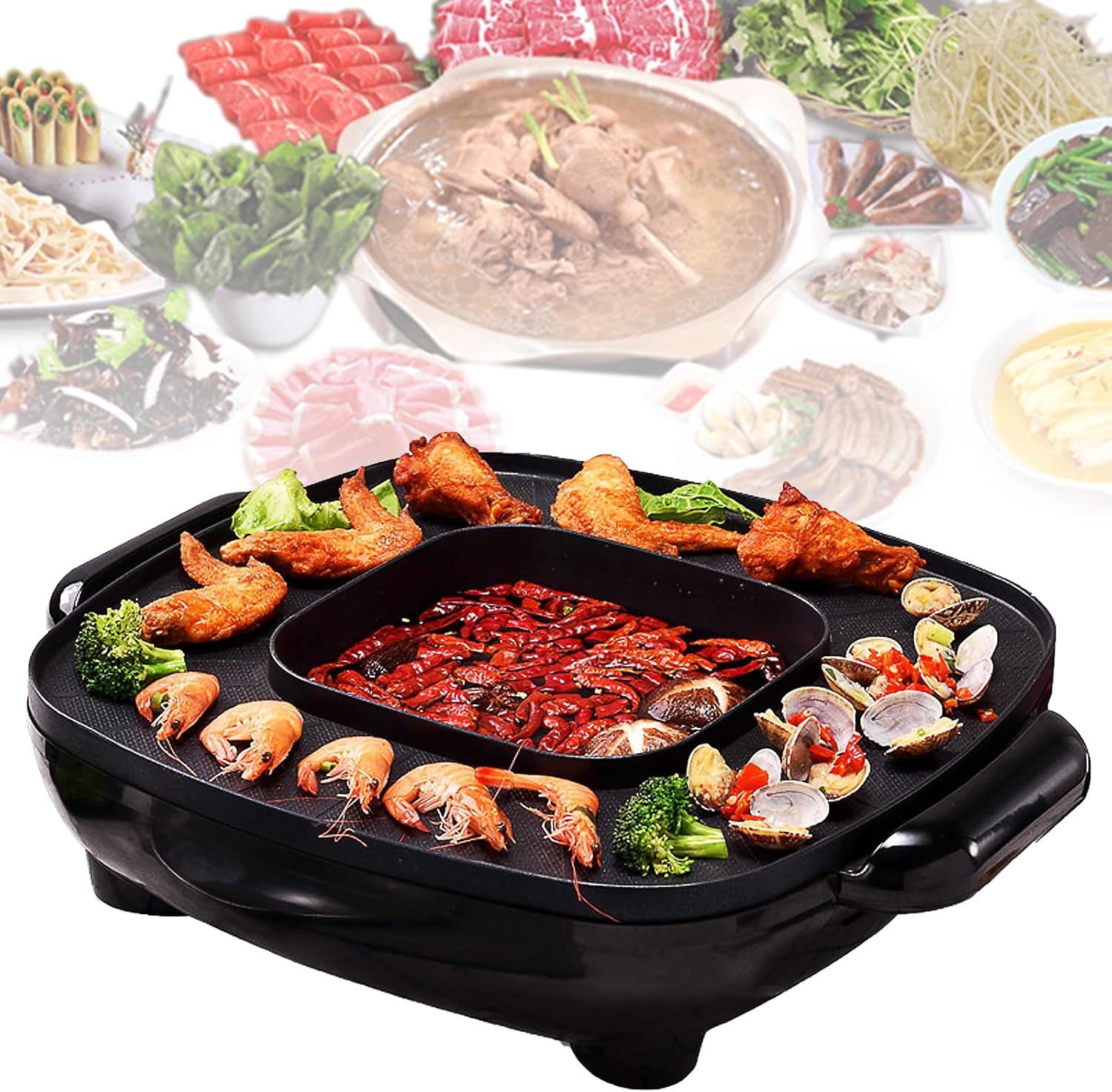 Medium Household Electric Hot Pot with Grill, Soup Pot and Korean BBQ, Non-stick Coating, Easy to Clean, For 2-4 People to Enjoy, 1600 W