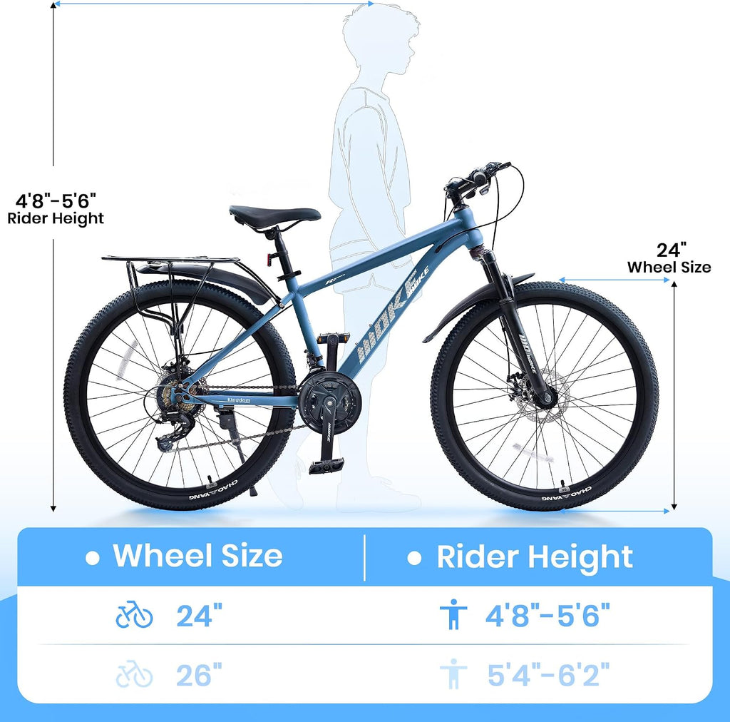 DEYGIA 24 26 inch Mountain Bike for Boys and Girls, 21-Speed Drivetrain, Kids Mountain Bike with Rear Rack, Suspension Fork, Dual Disc Brakes, Internal Cable, Kids' Bicycles with Multiple Colors