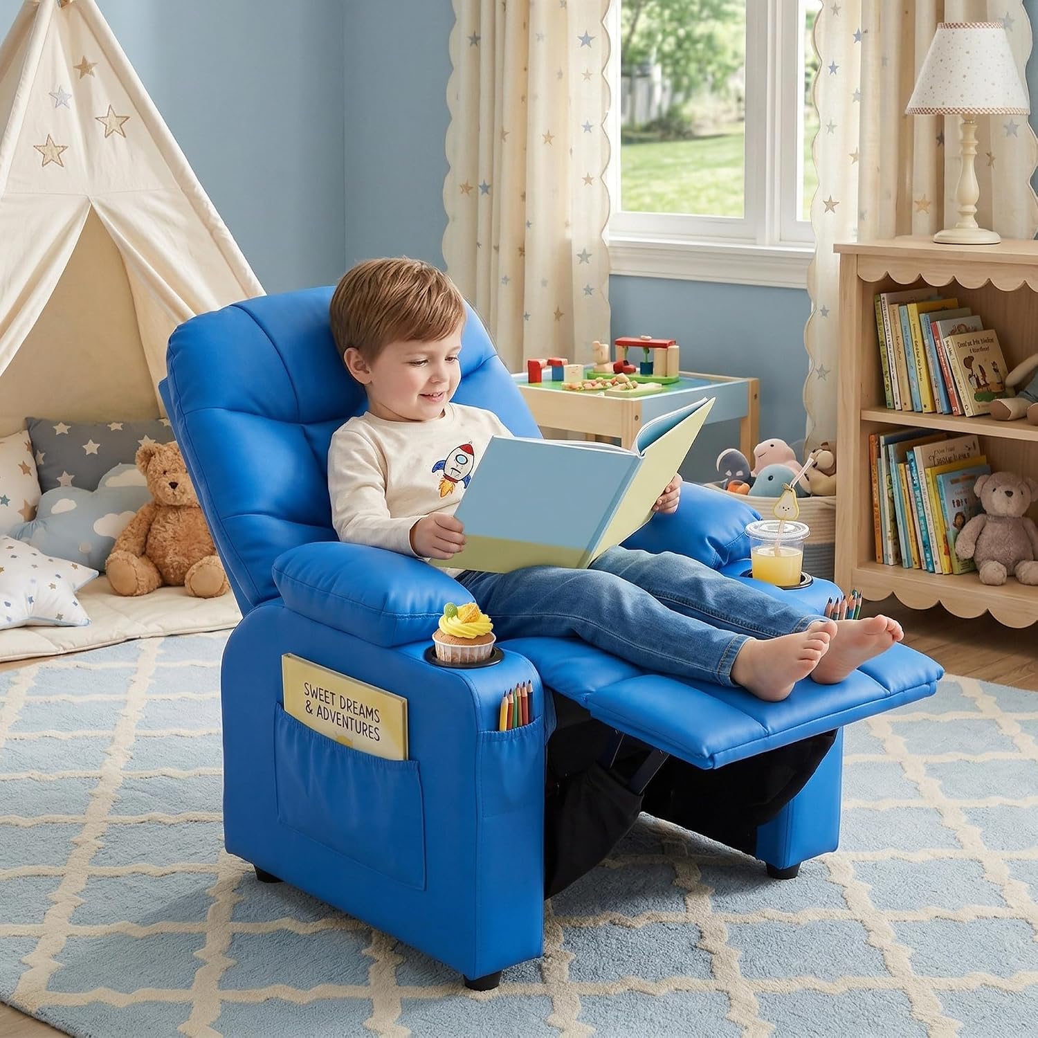 Donut Larger Kids Reclining Chair PU Leather Recliner Sofa Push Back Lounge Children Toddler Boys Girls Ages 3-12 with Dual Cup Holders and 4 Pockets