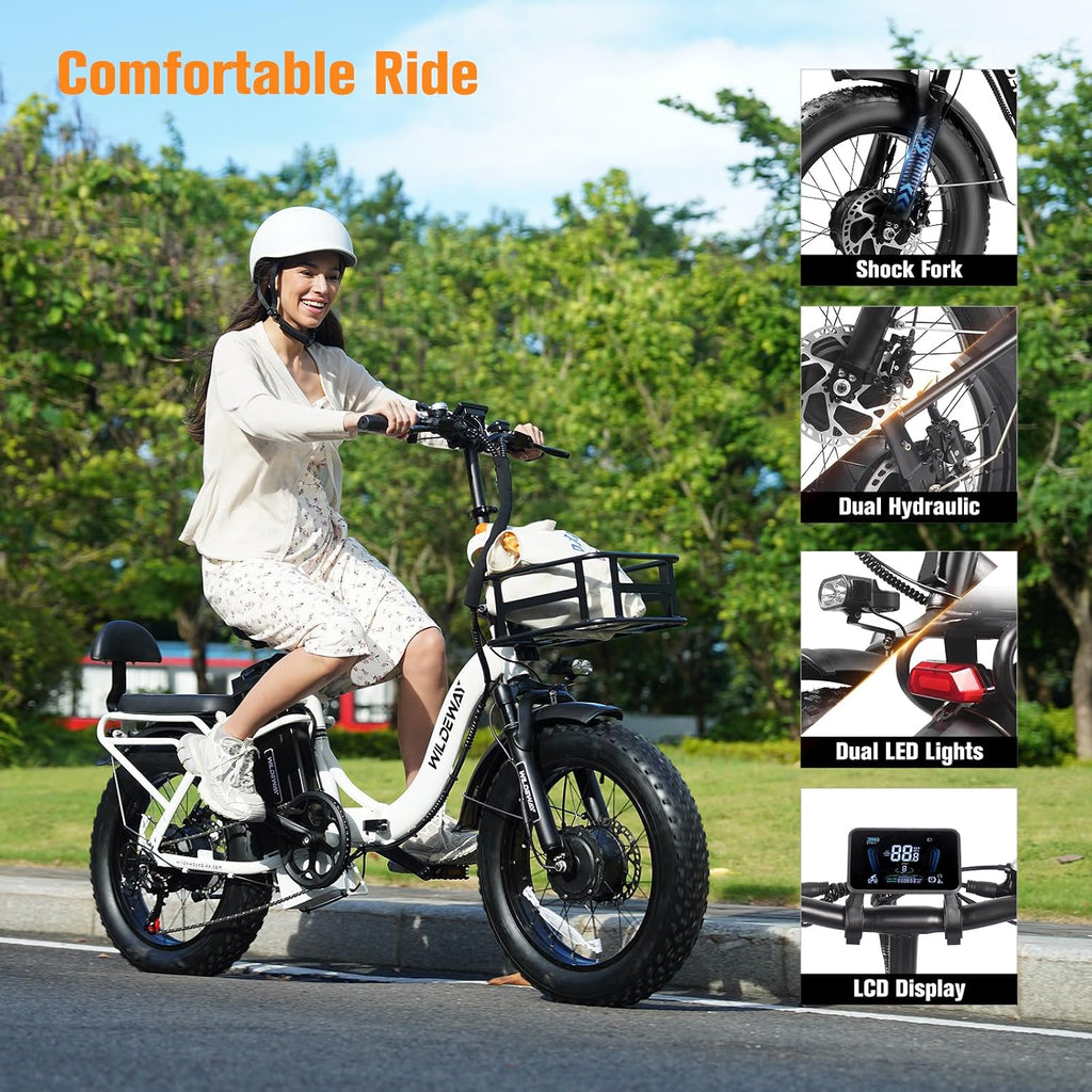 Wildeway Folding Electric Bike for Adults,2000W Dual Motor Ebike 20x4.0 Fat Tire All-Terrain 28MPH,48V 32Ah Removable Battery,7-Speed,Dual Hydraulic Disc Brake,City Commuting Delivery Bicycle