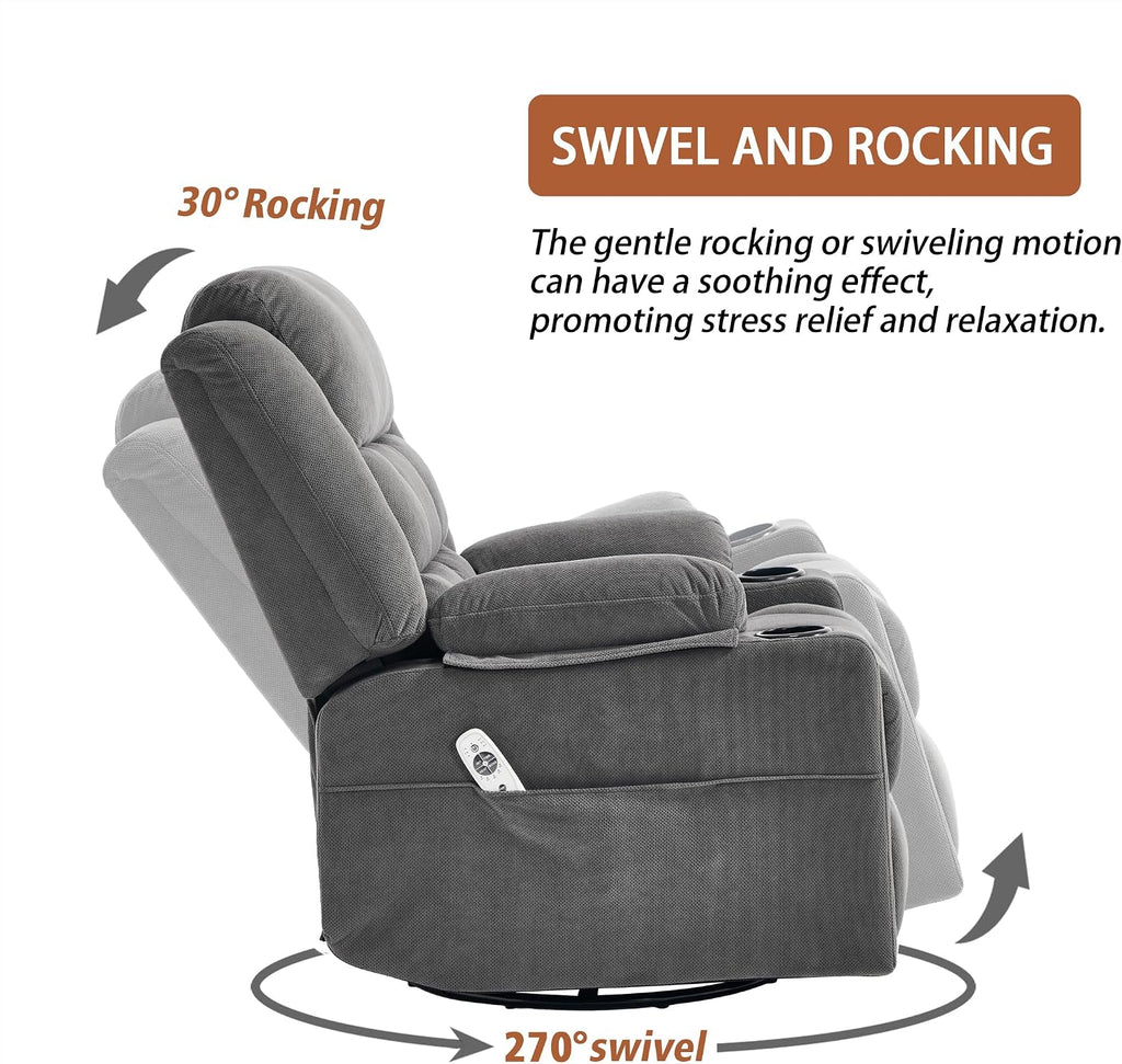Ketaiyou Swivel Rocker Recliner Chair for Adults with Massage and Heat, Cup Holders and Side Pockets, Glider Rocking Reclining Single Sofa Chair for Living Room(DK Grey)