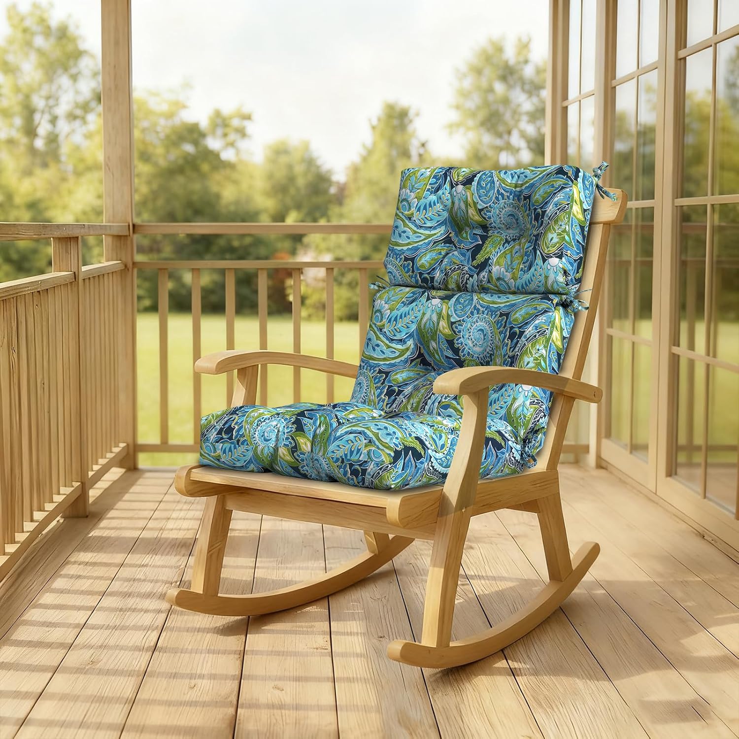 DYTXIII Outdoor High Back Chair Cushions Set of 2, Water Repellent Tufted Rocking Seat Cushions Replacement 44 x 22 Inch, Seat & Back Chair Pads for Patio, Balcony and Indoor Use -Paisley Lapis Green