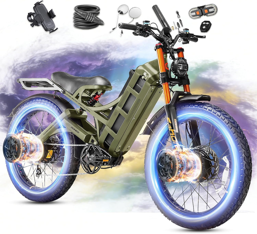 eAhora 2026 Romeo Pro3/2 50/46Mph Ebike 5600/4000W Dual Motor 200+Miles Electric Bike for Adults, 52V/70Ah 60V/80Ah Long Range 26 * 4.0' Fat Tire Full Suspension Electric Mountain Bike