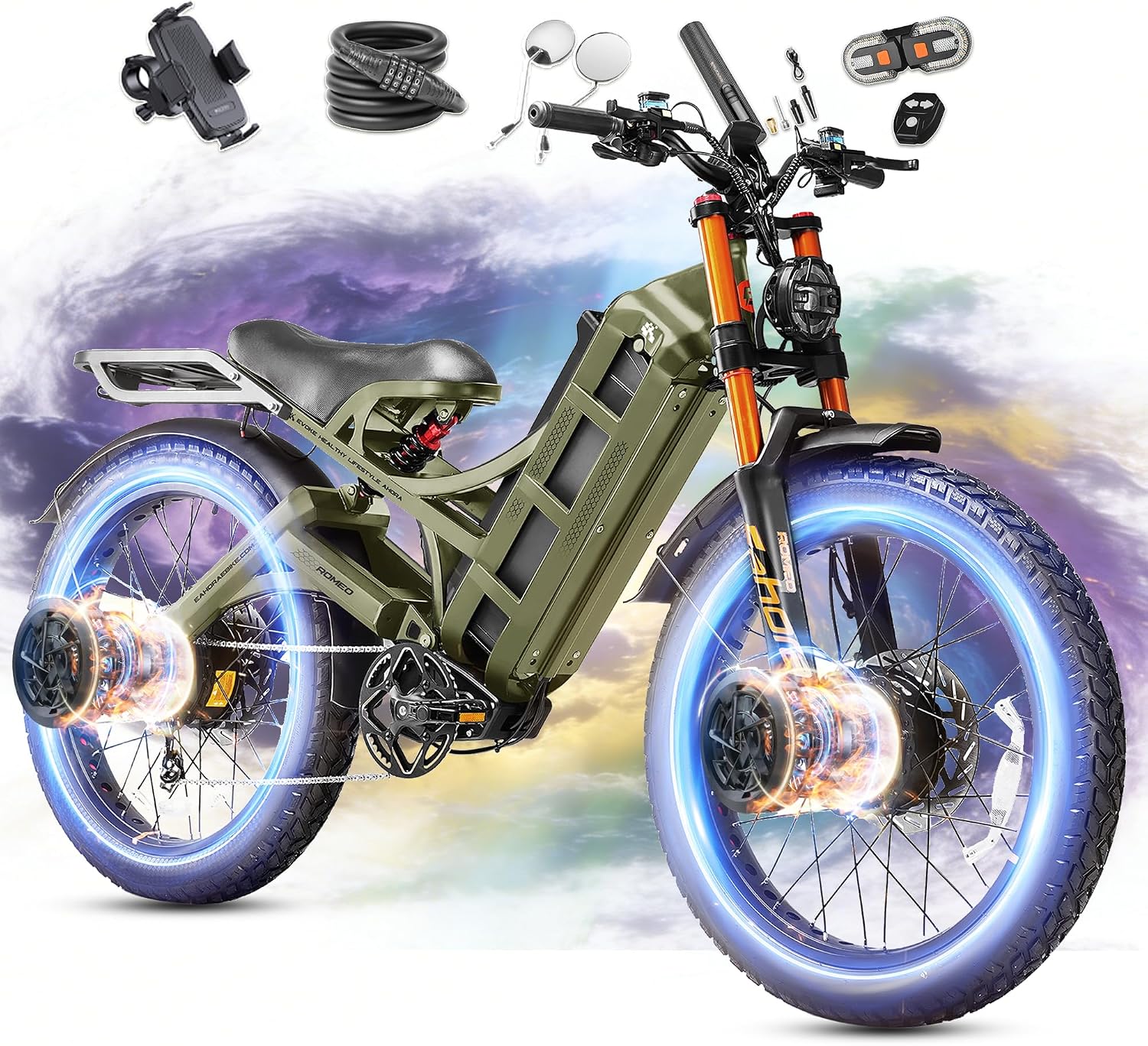 eAhora 2026 Romeo Pro3/2 50/46Mph Ebike 5600/4000W Dual Motor 200+Miles Electric Bike for Adults, 52V/70Ah 60V/80Ah Long Range 26 * 4.0' Fat Tire Full Suspension Electric Mountain Bike