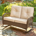 MEETWARM Wicker Patio Rocking Loveseat, Oversized Outdoor Double Rocking Chair with Cushions and High Back，All-Weather 2 Seat Sofa Bench Rocking Wicker Furniture for Garden Balcony Porch, Brown/Beige