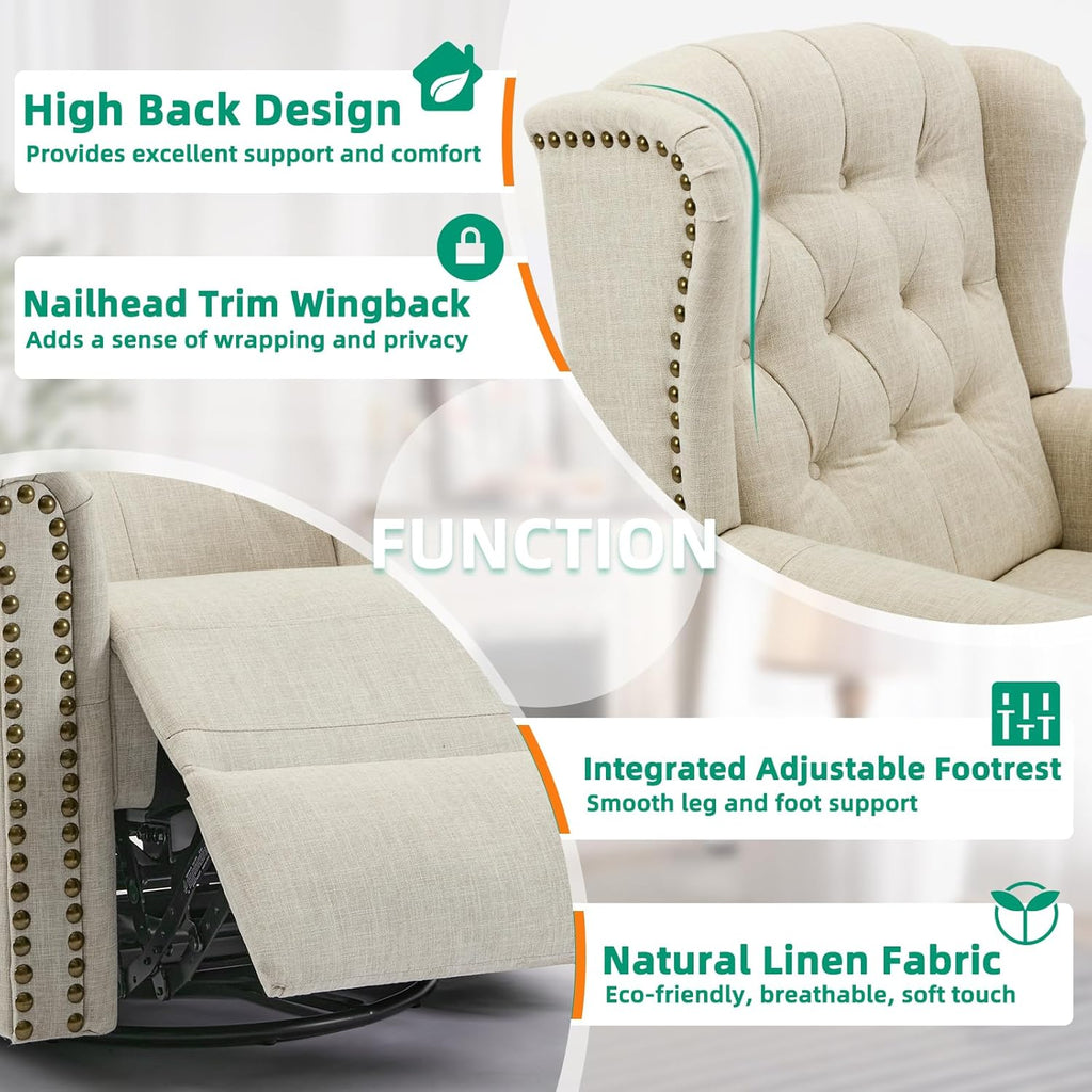 VIVIJASON Power Swivel Rocking Recliner Chair with Massage & Heat, Electric Rocker Nursery Glider Chair, Wingback Tufted Upholstered Recliner W/Type-C & USB Ports for Living Room, Bedroom, Beige
