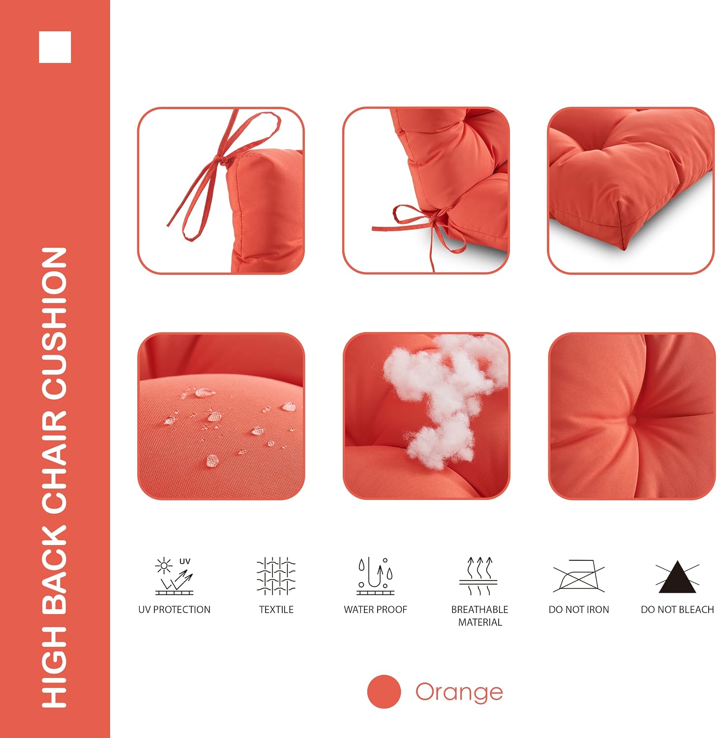 Outdoor Indoor High Back Chair Cushions Set of 4,Waterproof All-Weather Patio Adirondack Rocking Chair Cushions,Seat Back Chair Cushion for Outdoor Furniture with Ties,45x22 Inch, Orange