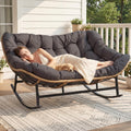 NICESOUL Double Papasan Rocking Chair Outdoor Indoor, XL Large Patio Padded Glider Lounge Chairs for 2, Comfortable Egg Rocker Loveseat with Cushion, Wide Big Recliner for Outside Balcony, Grey