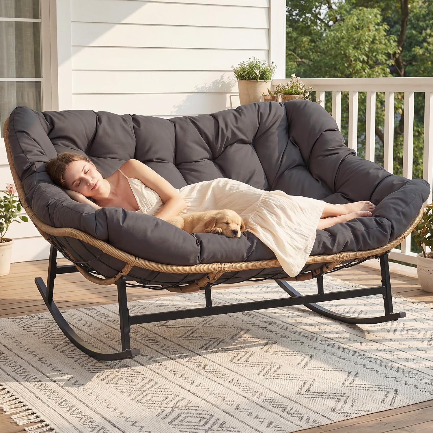 NICESOUL Double Papasan Rocking Chair Outdoor Indoor, XL Large Patio Padded Glider Lounge Chairs for 2, Comfortable Egg Rocker Loveseat with Cushion, Wide Big Recliner for Outside Balcony, Grey