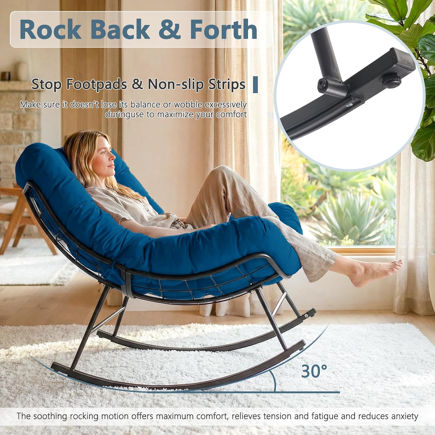 Outdoor Rocking Chairs Set of 2 with Wicker Side Table, Thick Cushioned Papasan Rocking Chairs with End Table, 3PCS Oversized Egg Chair Set for Patio, Porch, Balcony, Bedroom, Living Room, Navy Blue