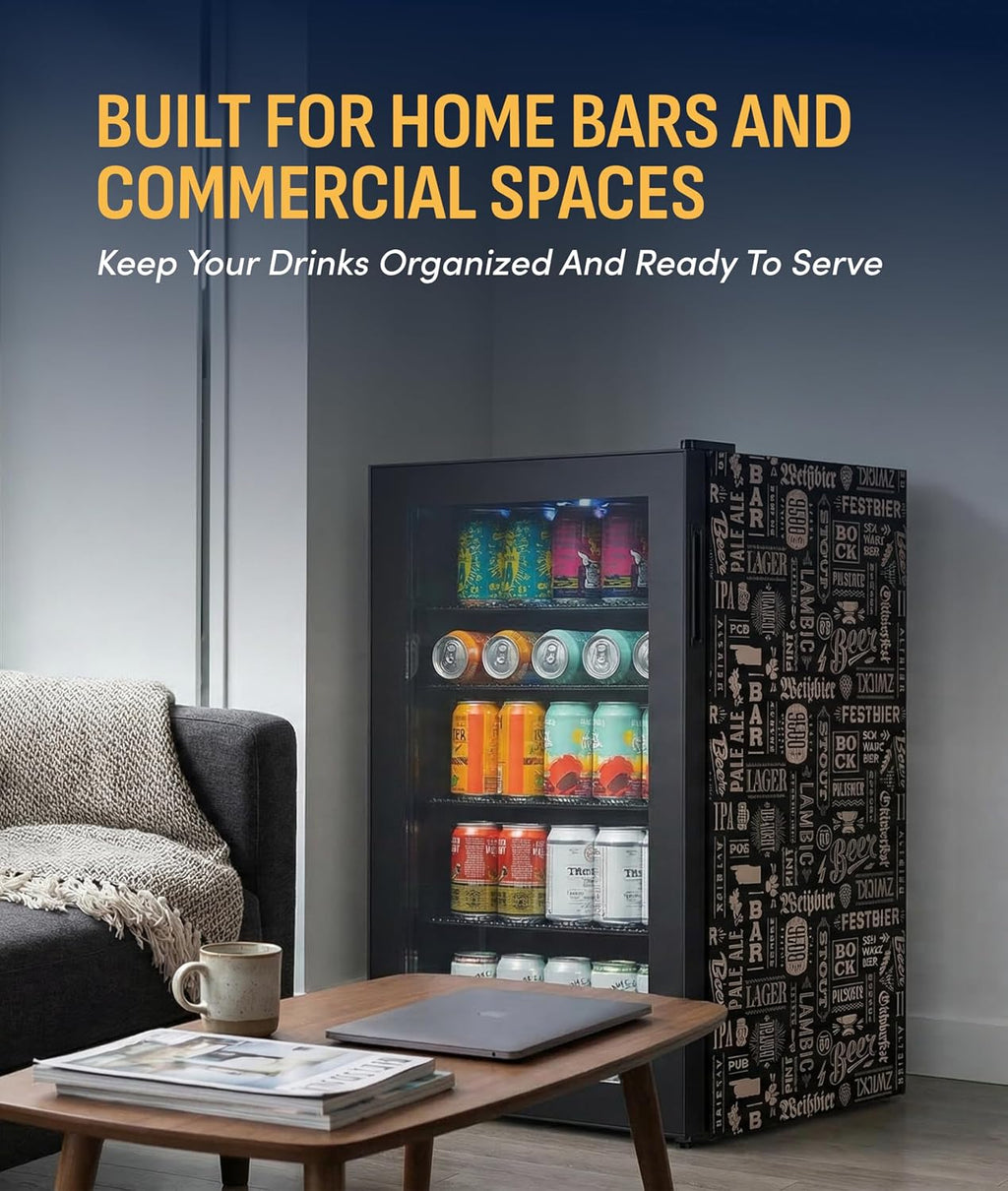 NewAir 126 Can Beverage Refrigerator | Freestanding Mini Fridge for Home Bar or Office | SplitShelf Storage, 32°F Cooling & LED Lighting | 'Beers of the World' Design