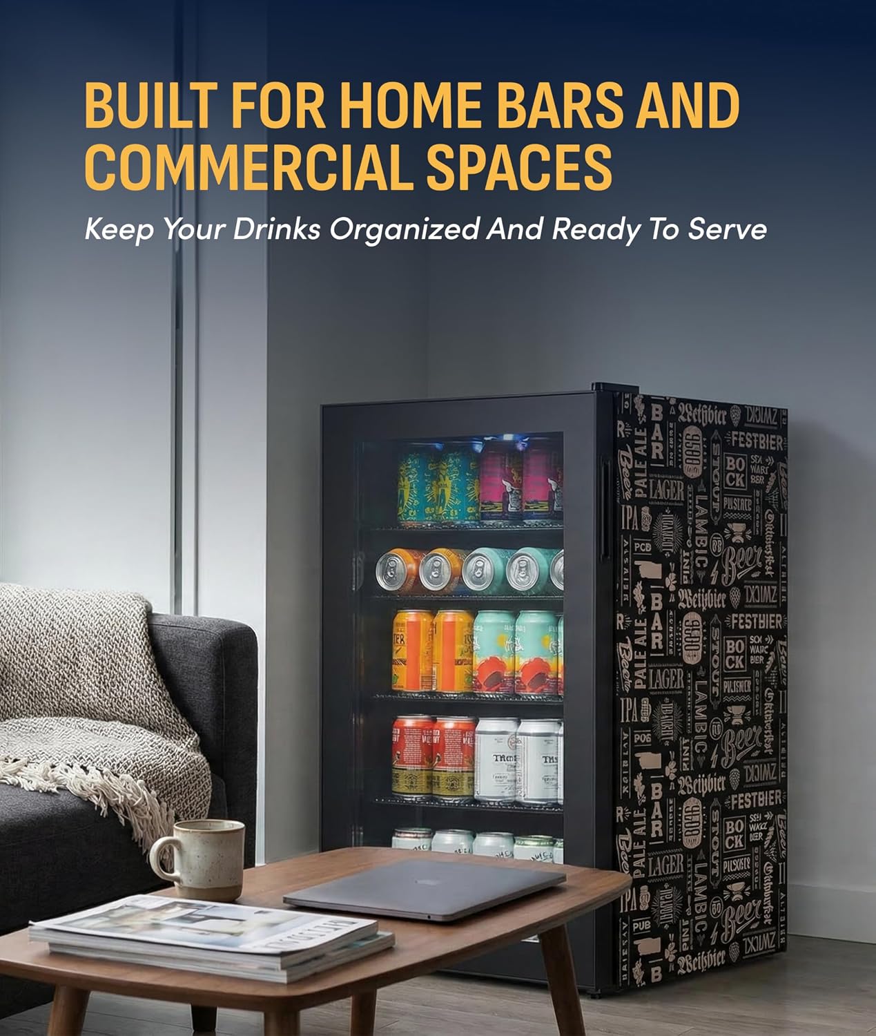 NewAir 126 Can Beverage Refrigerator | Freestanding Mini Fridge for Home Bar or Office | SplitShelf Storage, 32°F Cooling & LED Lighting | 'Beers of the World' Design