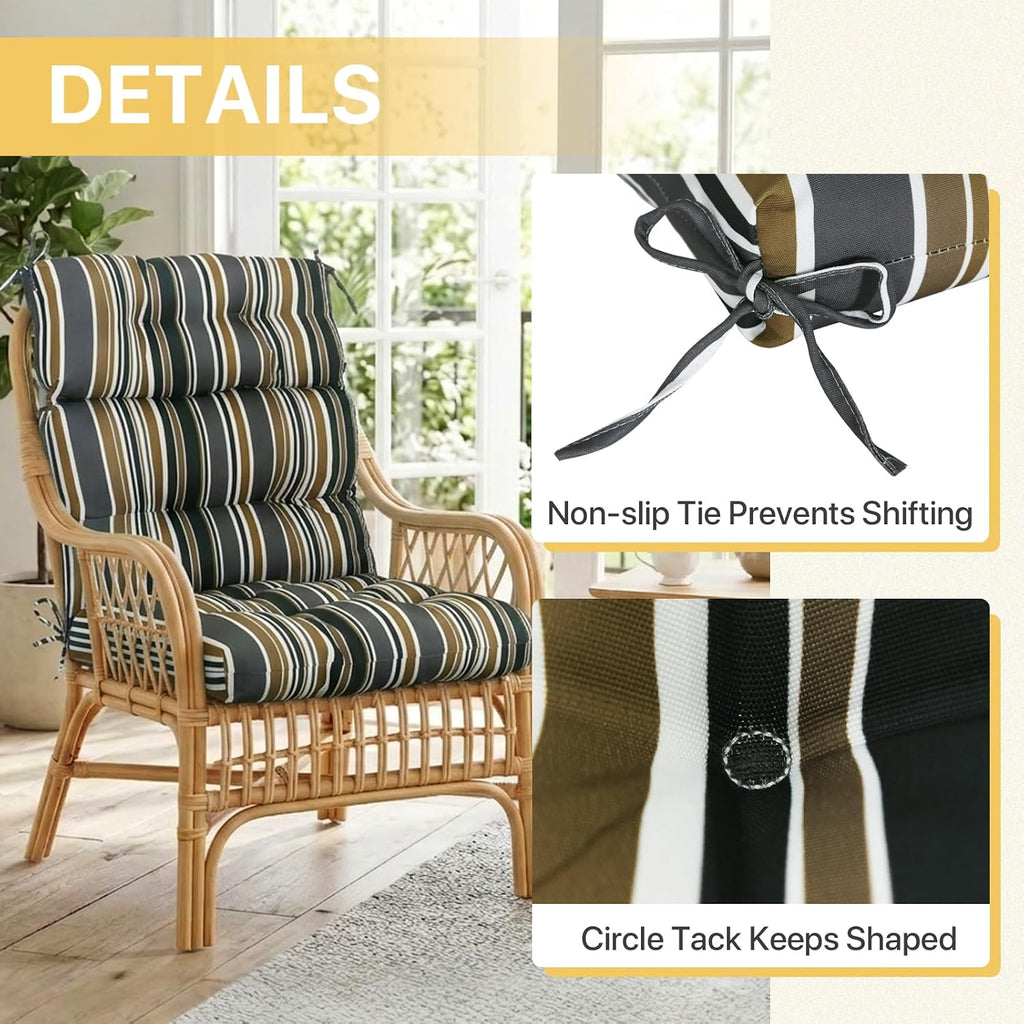 COOS BAY Outdoor Chair Cushions High Back 46x22 Inch, Tufted Patio Seat Cushions with Ties, Water-Resistant Replacement Pads, 2 Pack, Brown Stripes