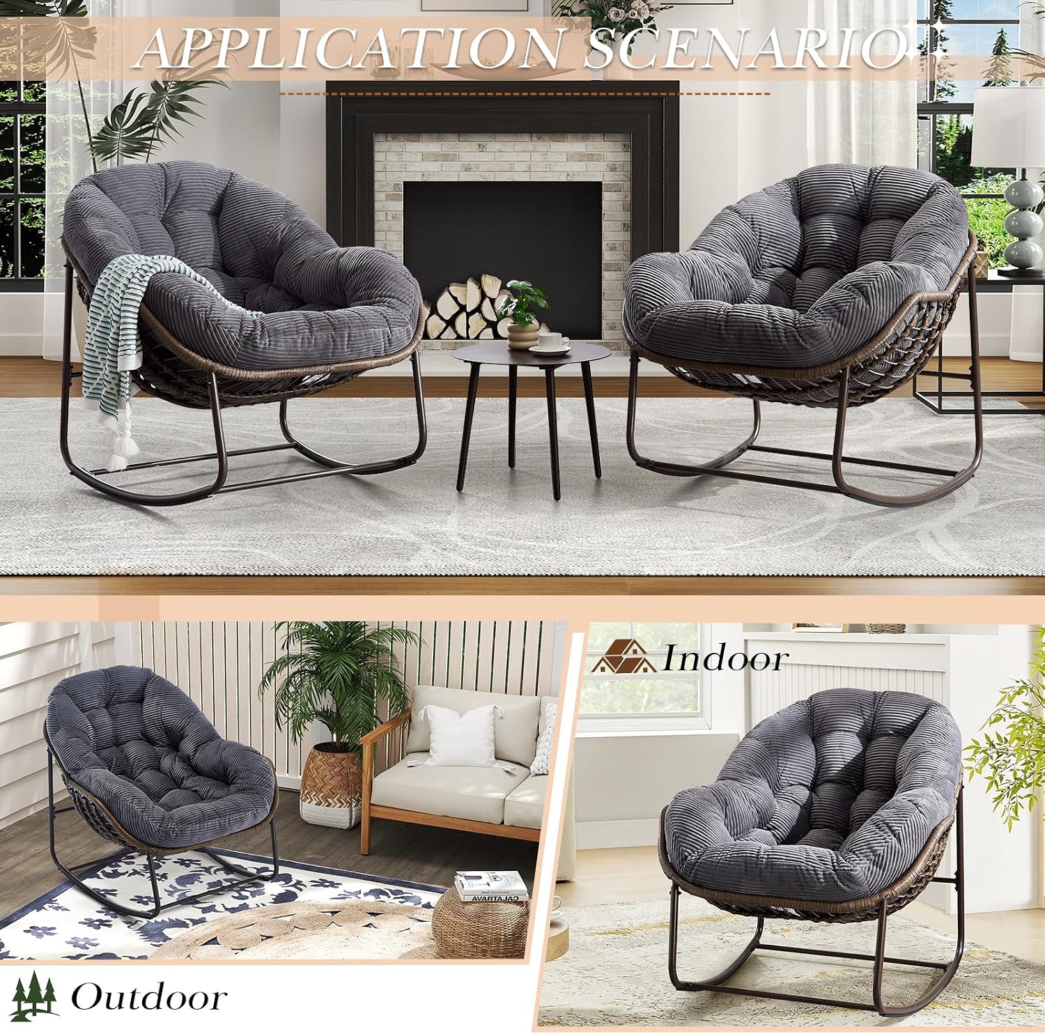Outdoor Indoor Rocking Chair with Padded Cushion, Oversized Patio Papasan Rocking Egg Chair, All Weather Wicker Egg Rocking Chair, Comfy Large Rattan Rocker Lounge Chair for Front Porch,Garden, Patio