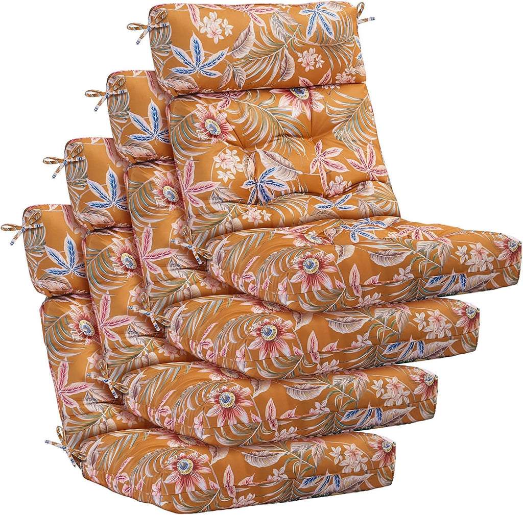 Barydat 4 Pcs Tufted High Back Chair Cushion Indoor Outdoor Seat and Back Cushions Palm Leaves Tropical Plants Lawn Rocking Chair Pads with Ties for Adirondack Patio Garden(Yellow Flower)