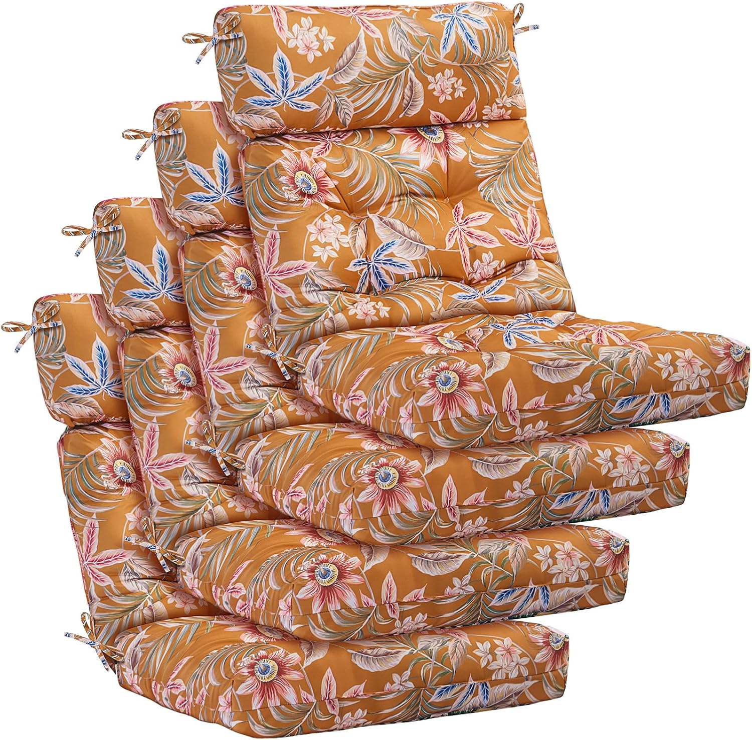 Barydat 4 Pcs Tufted High Back Chair Cushion Indoor Outdoor Seat and Back Cushions Palm Leaves Tropical Plants Lawn Rocking Chair Pads with Ties for Adirondack Patio Garden(Yellow Flower)
