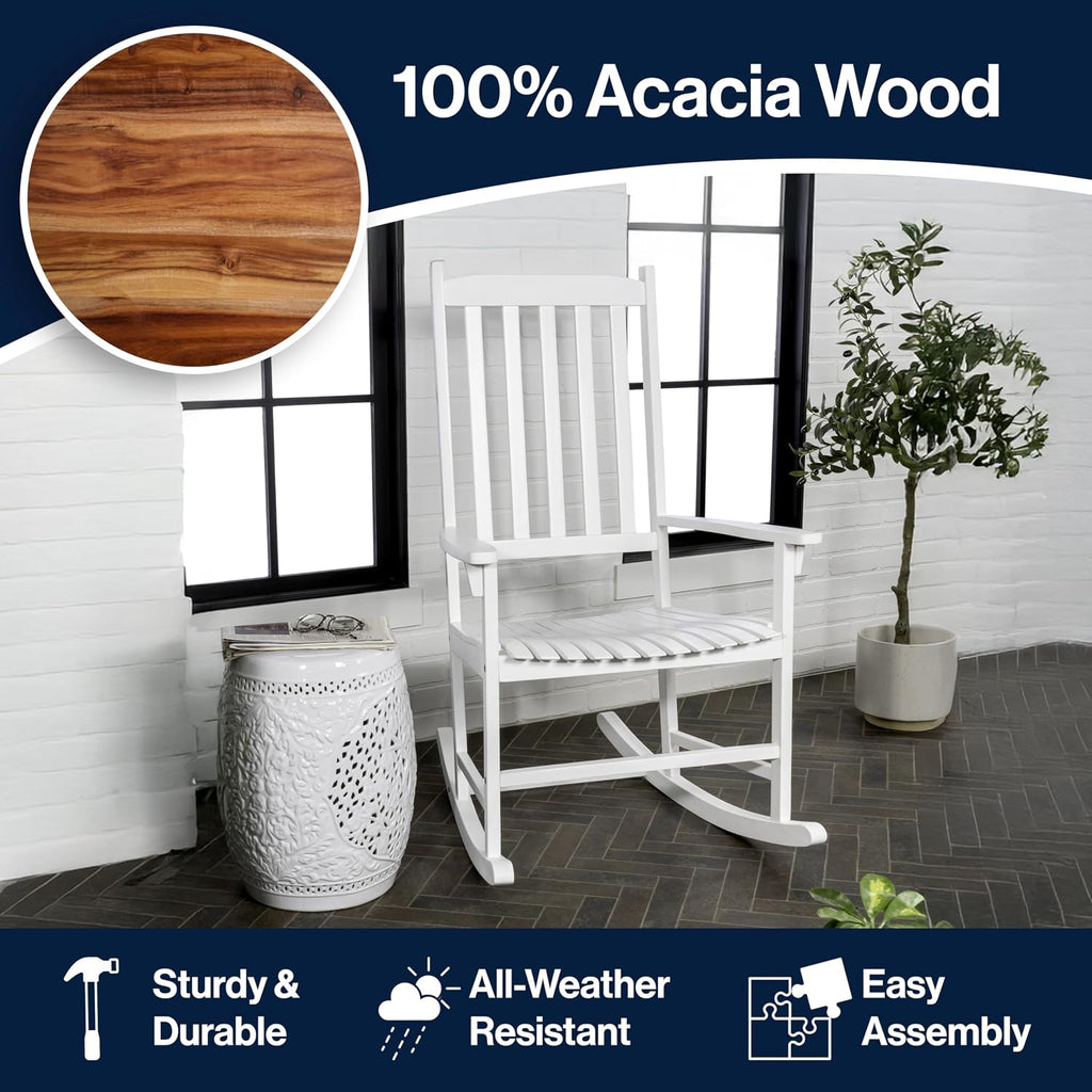 JONATHAN Y RCK300C Seagrove Farmhouse Classic Slat-Back 350-LBS Support Acacia Wood Outdoor Rocking Chair Traditional, Coastal, Cottage, Vintage, Shabby Chic, White