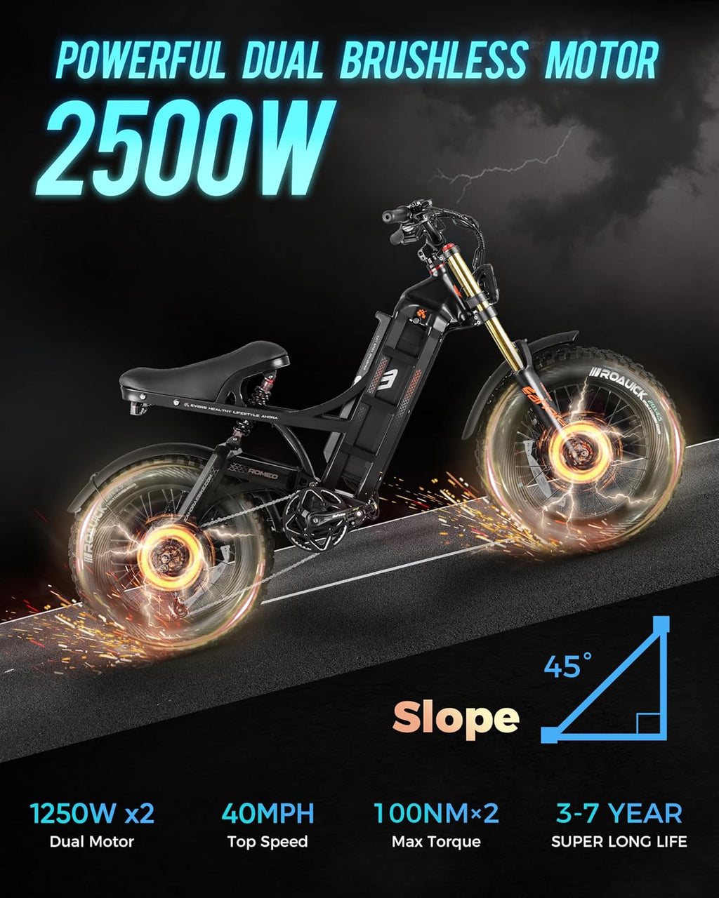 eAhora 2025 Romeo Ultra/Romeo 2 Peak 3000W/2500W 42/40 Mph Electric Bike for Adults 60V 70Ah/52V 60Ah 100-200Miles Long Range Ebike 26' Fat Tire Full Suspension Electric Bicycle