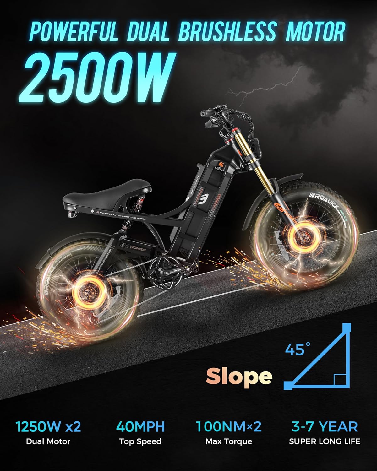 eAhora 2025 Romeo Ultra/Romeo 2 Peak 3000W/2500W 42/40 Mph Electric Bike for Adults 60V 70Ah/52V 60Ah 100-200Miles Long Range Ebike 26' Fat Tire Full Suspension Electric Bicycle