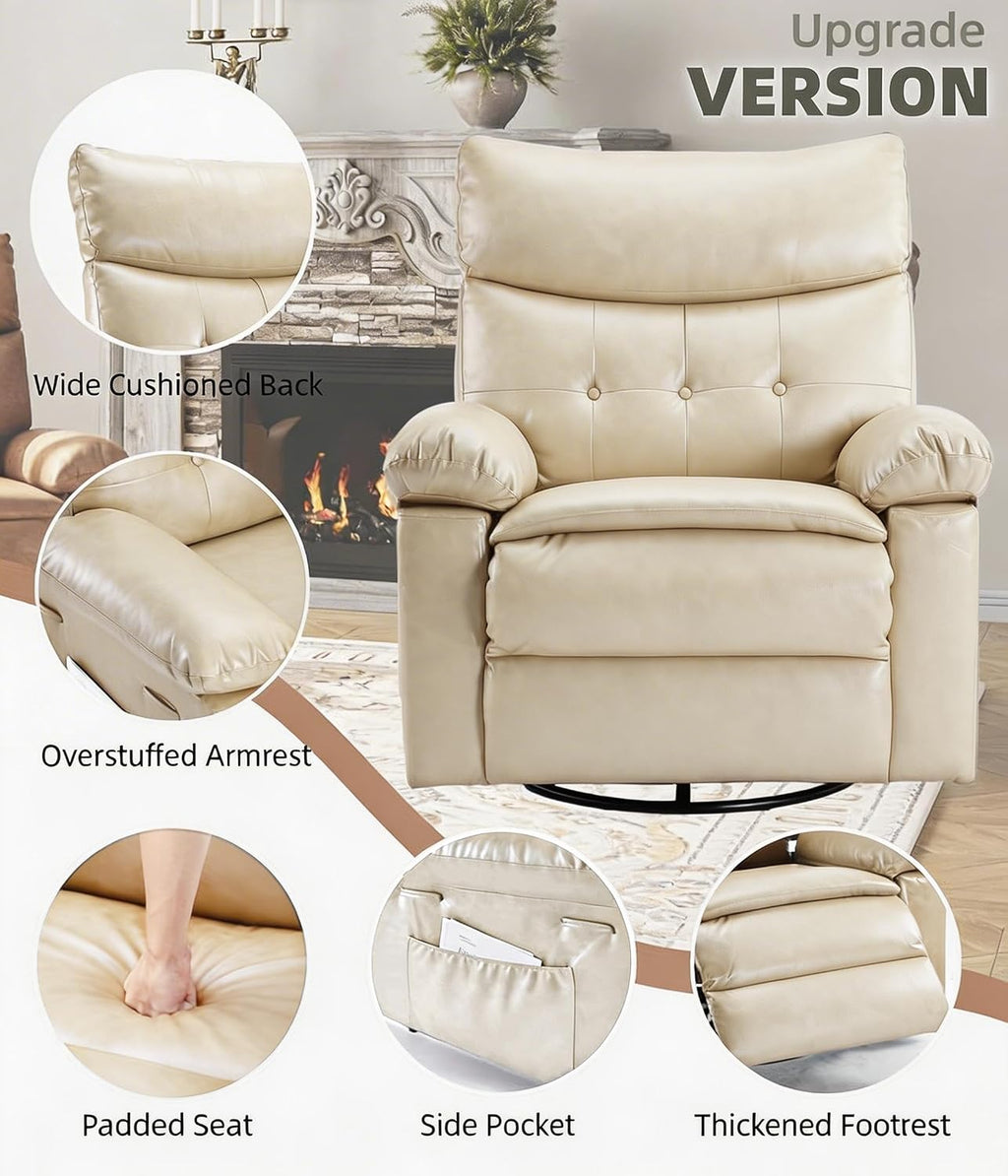 GarveeHome Oversized Leather Recliner Chair, Swivel Rocker Manual Recliner for Adults, Lazy Rocking Chair with Comfort Arms and Back Single Sofa for Living Room