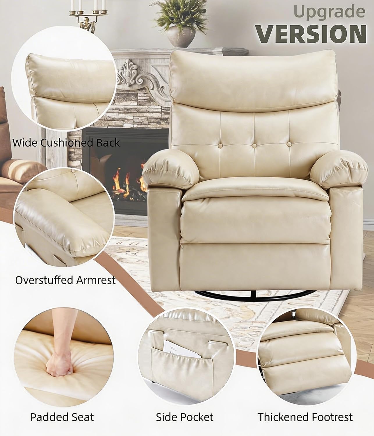 GarveeHome Oversized Leather Recliner Chair, Swivel Rocker Manual Recliner for Adults, Lazy Rocking Chair with Comfort Arms and Back Single Sofa for Living Room