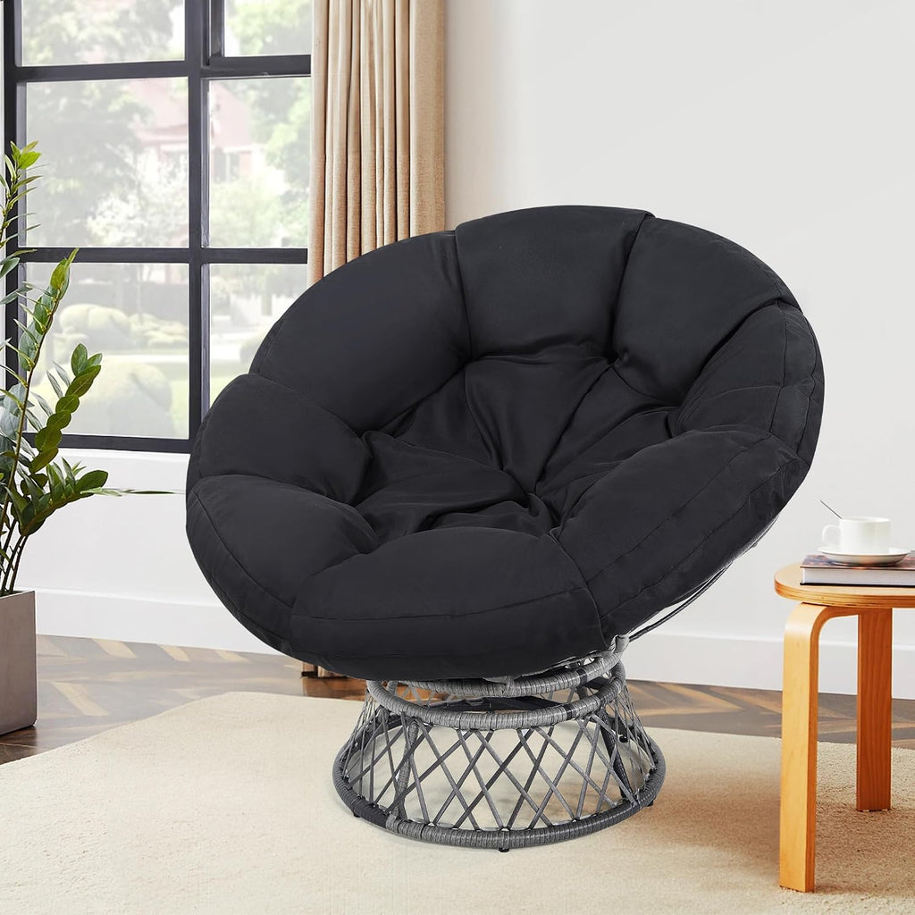 KROFEM 46' Giant Oversized Rattan Papasan Chair with Cushion and Frame for Adults, Fluid 360° Swivel, Waterproof, Grey Frame with Black Cushion