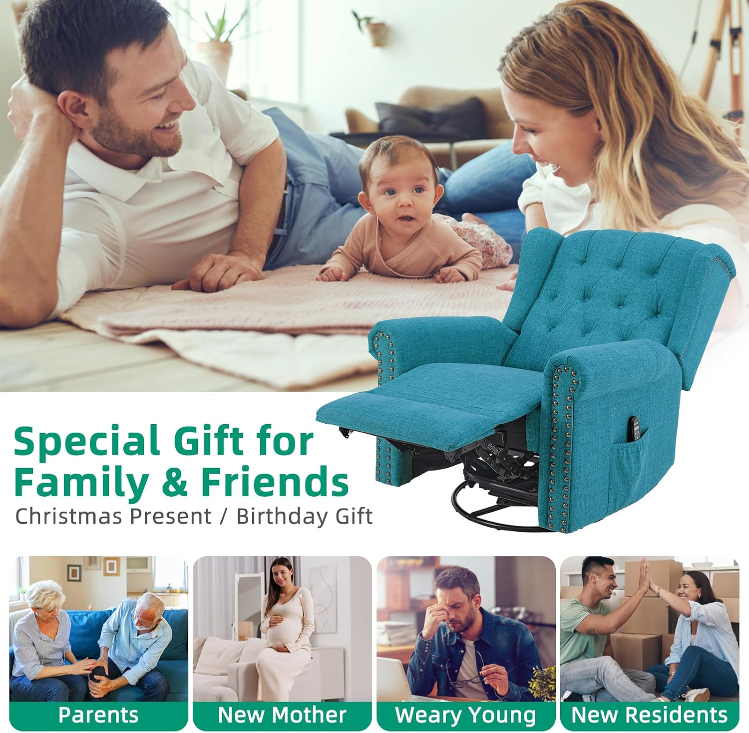VIVIJASON Power Swivel Rocking Recliner Chair with Massage & Heat, Electric Rocker Glider Chair for Nursery, Wingback Tufted Upholstered Recliner W/Type-C & USB Ports for Living Room, Bedroom, Teal