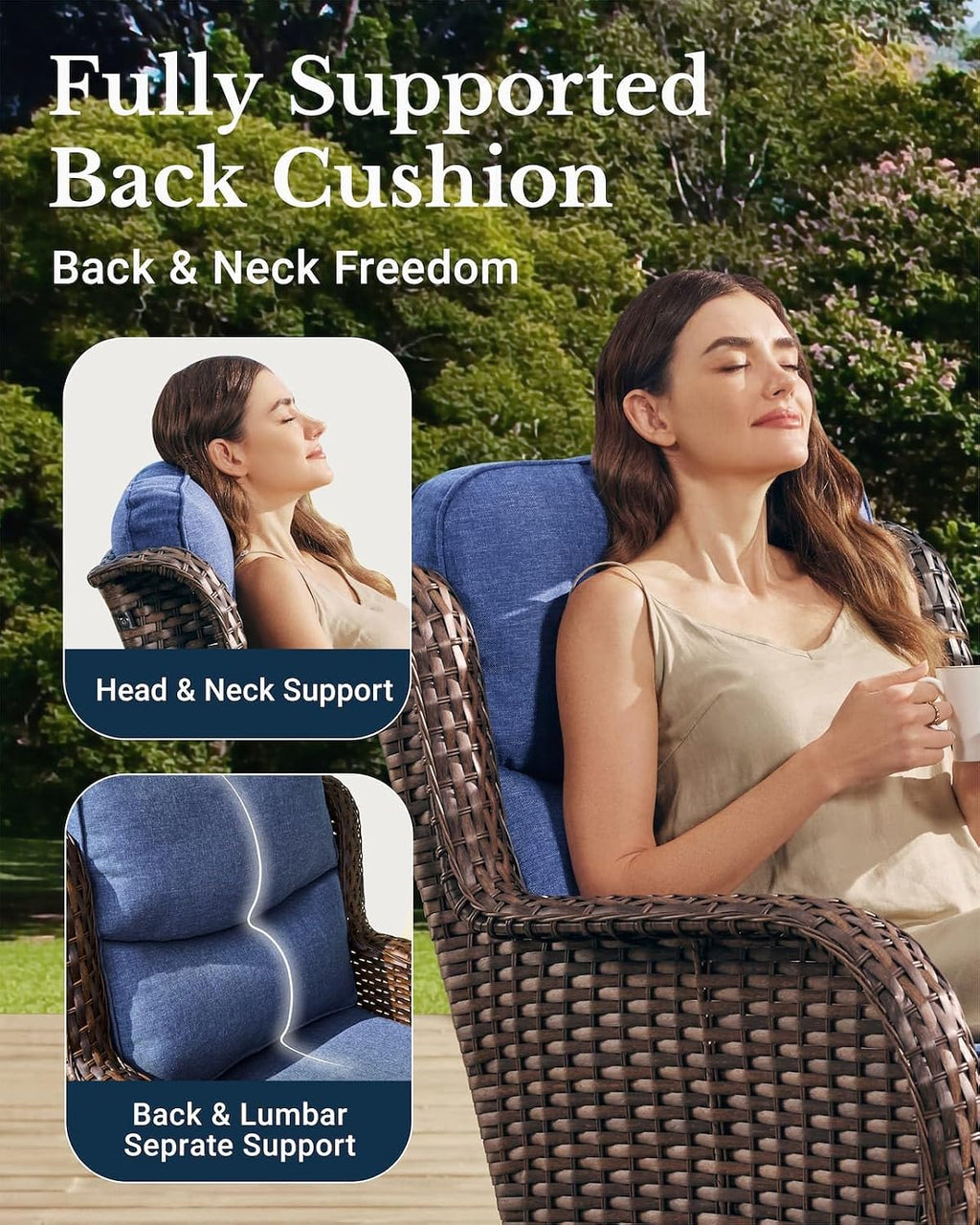 HILLGA Luxury Outdoor Swivel Rocker Patio Chairs of 2 with 6 Inch Thick Cushions and Side Table, Swivel Outdoor Chairs 5PCS High Back Wicker Patio Furniture Set for Porch, Balcony, Deck in Blue