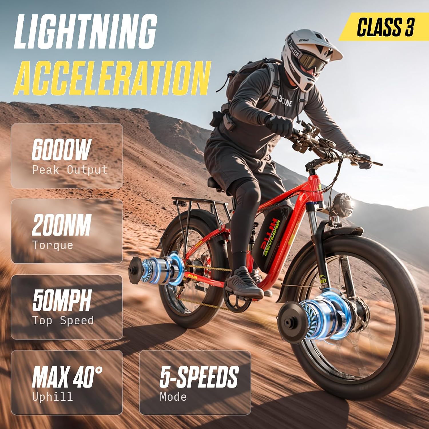 Electric Bike, 60V 20Ah 6000W Dual Motors, 26' Fat Tires Fast Ebike, Max 50mph 35-100 Mile Range, Full Suspension Hydraulic Brakes, for Off-Road Mountain Riding Adventures