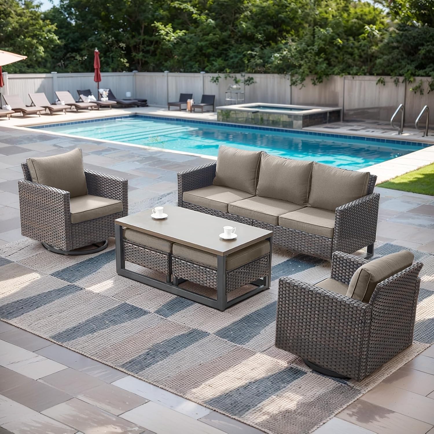 Luxury Wicker Outdoor Patio Furniture Set - 6 Piece Patio Conversation Set with 2 Swivel Rocker Chairs,2 Rattan Ottoman,1 Couch and 1 Metal Coffee Table for Outside Porch Deck Backyard(Brown/Grey)