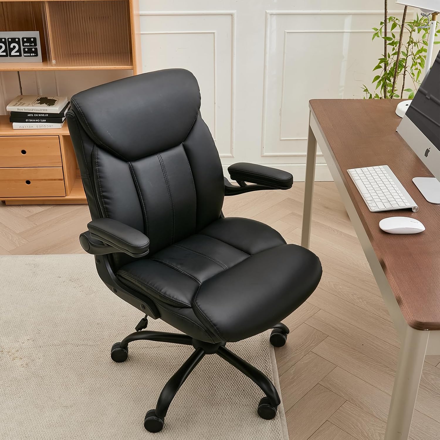 PU Leather Office Chair Comfy Home Office Desk Chairs, Ergonomic Executive Chair with Tilt Lock Back Support 360° Swivel, Small Computer Chair with Wheels and Padded Flip-Up Arms | Black