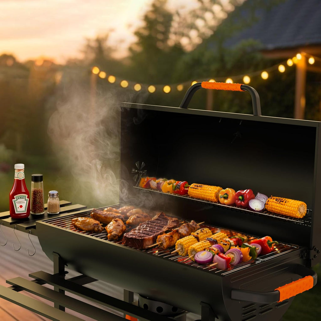 KEYO GRILL 29-Inch Barrel Charcoal Grill, Heavy duty BBQ Grill with Adjustable Air Vent, One Click Cleaning System Barbecue Smoker Grill Combo for Backyard, Camping and Tailgate