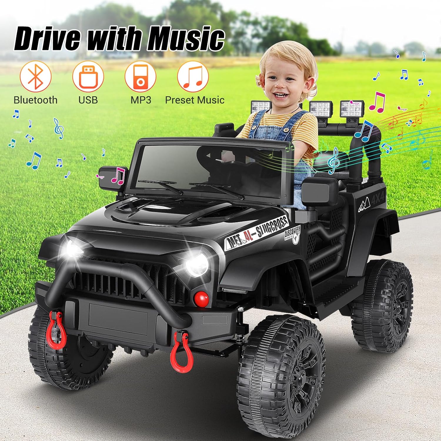Hikole 12V Electric Car for Kids to Drive, Battery Kids' Electric Vehicles, Powered Truck Wheels with Remote, Bluetooth Music Dual Steering Shock Led Lights Safety Belt for Boy Girl 1 Seater