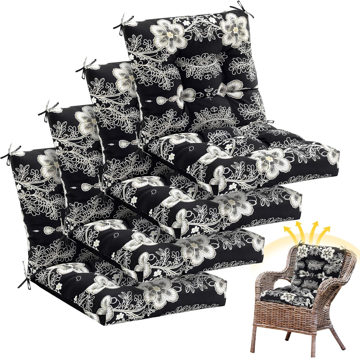 Marsui 4 Pcs Outdoor Indoor High Back Chair Cushions Patio Furniture Tufted Pillow with Ties Water-Resistant Replacement Outdoor Rocking Chair Cushions, 42 x 21 Inches (Black,Flower)