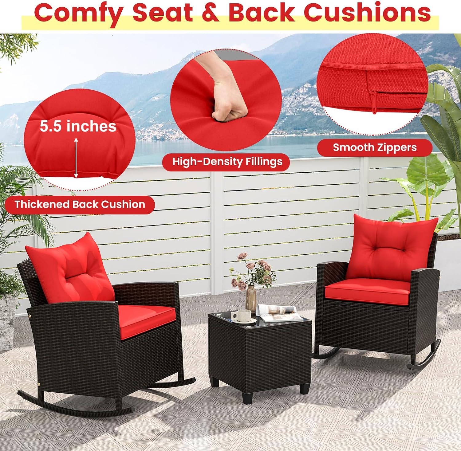 KOTEK 3 Piece Patio Furniture Rocking Bistro Set, Wicker Outdoor Rocking Chairs & Glass Table, PE Rattan Conversation Set for Porch, Balcony, Deck, Poolside (Mix Brown- Red)