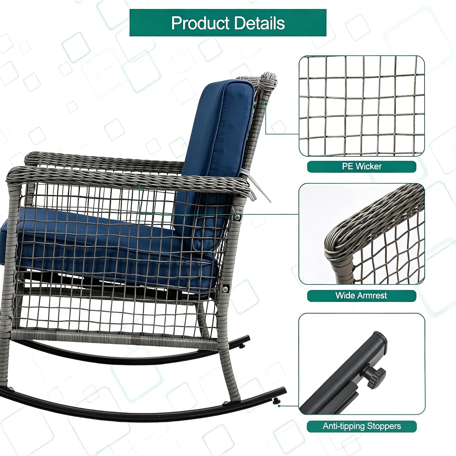 DECMICO 3-Piece Wicker Rocking Chair Set, Patio Bistro Furniture with Cushions & Side Table, Rattan Outdoor Conversation Bistro Set for Outdoor Use, Gray Rattan Navy Cushion